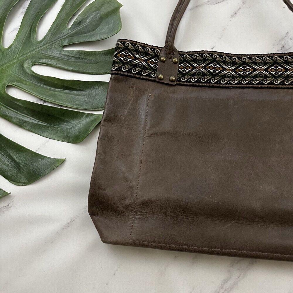 Unbranded Leather Tote Shoulder Bag Purse Dark Brown Woven Boho Trim Large - Picture 10 of 12